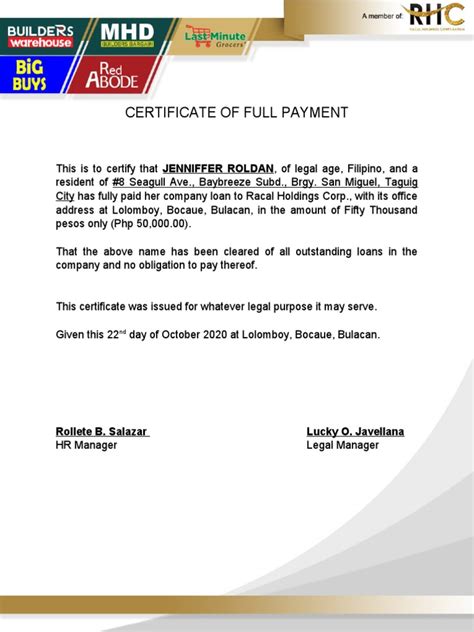 cap certificate of full payment|Payments and Collections .